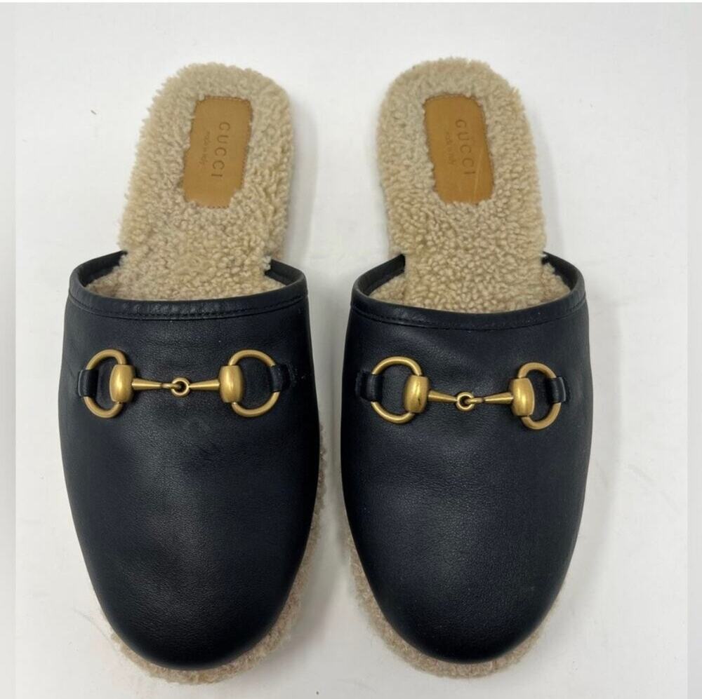 Gucci Fria Shearling-lined black Leather Slippers flats mule size 39.5 EU 9.5 US